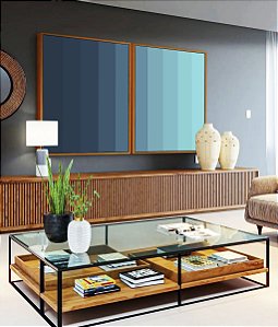 Duo de Quadros Abstrato Degradê Geométrico Azul Turquesa Canvas Moldura