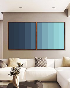 Duo de Quadros Quadrados Abstrato Degradê Geométrico Azul Turquesa Canvas Moldura