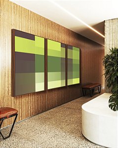 Trio de Quadros Abstrato Degradê Mosaico Verde Marrom Canvas Moldura