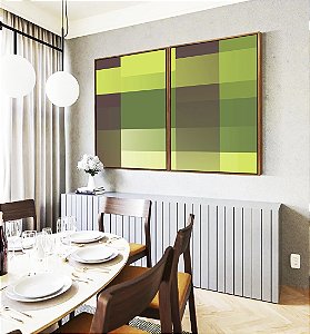 Duo de Quadros Abstrato Degradê Mosaico Verde Marrom Canvas Moldura