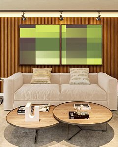 Duo de Quadros Quadrados Abstrato Degradê Mosaico Verde Marrom Canvas Moldura