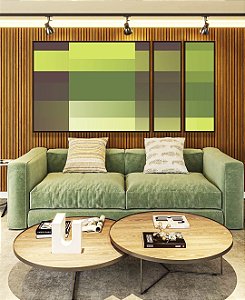 Trio de Quadros Estilizados Abstrato Degradê Mosaico Verde Marrom Canvas Moldura