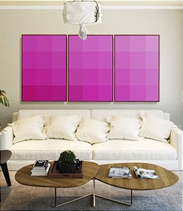 Trio de Quadros Abstrato Degradê Geométrico Rosa Canvas Moldura