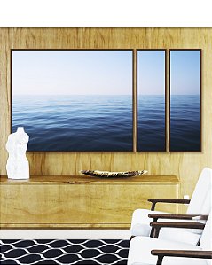 Trio de Quadros Estilizados Mar Azul Calmo e Céu Claro Natureza Canvas Moldura