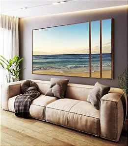 Trio de Quadros Estilizados Praia de Mar Azul Intenso e Céu Claro Natureza Canvas Moldura