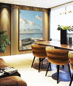 Quadro Vertical Barco em Praia de Mar Calmo e Céu Com Nuvens Natureza Canvas Moldura