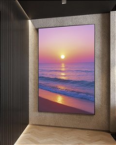 Quadro Vertical Pôr do Sol Rosa Lilás em Praia de Mar Calmo Natureza Canvas Moldura