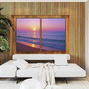 Duo de Quadros Pôr do Sol Rosa Lilás em Praia de Mar Calmo Natureza Canvas Moldura
