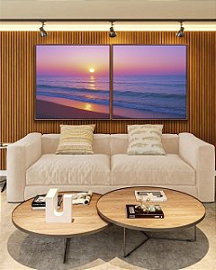 Duo de Quadros Quadrados Pôr do Sol Rosa Lilás em Praia de Mar Calmo Natureza Canvas Moldura