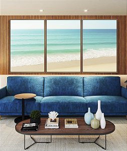 Trio de Quadros Praia de Mar Calmo Turquesa e Céu Claro Natureza Canvas Moldura