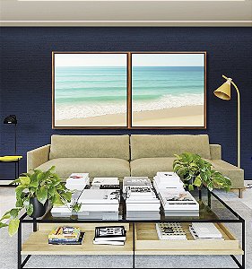 Duo de Quadros Quadrados Praia de Mar Calmo Turquesa e Céu Claro Natureza Canvas Moldura