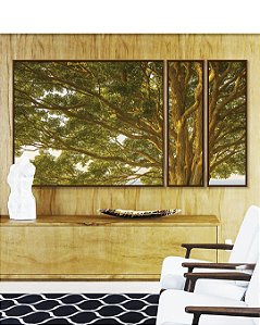Trio de Quadros Estilizados Árvore Folhas Verdes Sol Paisagem Natureza Canvas Moldura