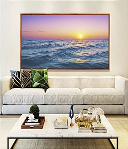 Quadro Horizontal Mar Azul Céu Rosa Sol Reluzente Natureza Canvas Moldura