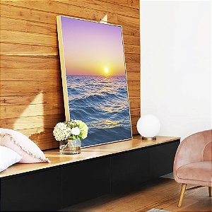 Quadro Vertical Mar Azul Céu Rosa Sol Reluzente Natureza Canvas Moldura