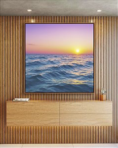 Quadro Quadrado Mar Azul Céu Rosa Sol Reluzente Natureza Canvas Moldura