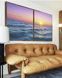 Duo de Quadros Mar Azul Céu Rosa Sol Reluzente Natureza Canvas Moldura