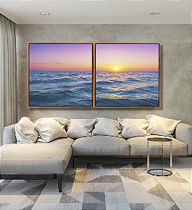 Duo de Quadros Quadrados Mar Azul Céu Rosa Sol Reluzente Natureza Canvas Moldura