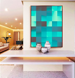 Quadro Vertical Abstrato Mosaico Geométrico Degradê Azul Turquesa Canvas Moldura