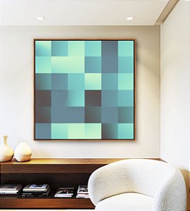 Quadro Quadrado Abstrato Mosaico Geométrico Degradê Azul Turquesa Canvas Moldura
