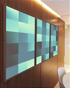 Trio de Quadros Abstrato Mosaico Geométrico Degradê Azul Turquesa Canvas Moldura