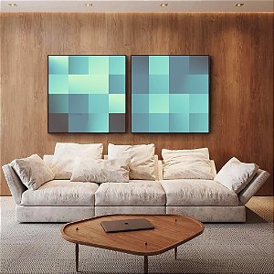 Duo de Quadros Quadrados Abstrato Mosaico Geométrico Degradê Azul Turquesa Canvas Moldura