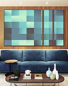 Trio de Quadros Estilizados Abstrato Mosaico Geométrico Degradê Azul Turquesa Canvas Moldura