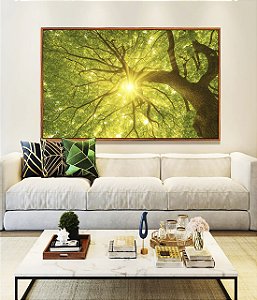 Quadro Horizontal Árvore Folhas Verdes Luzes do Sol Céu de Floresta Canvas Moldura