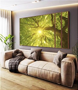 Trio de Quadros Estilizados Árvore Folhas Verdes Luzes do Sol Céu de Floresta Canvas Moldura