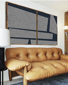 Duo de Quadros Abstrato Cinza Azul Mosaico Minimalista Canvas Moldura