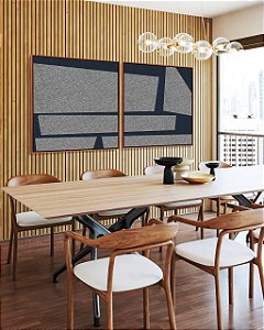 Duo de Quadros Quadrados Abstrato Cinza Azul Mosaico Minimalista Canvas Moldura