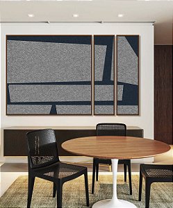 Trio de Quadros Estilizados Abstrato Cinza Azul Mosaico Minimalista Canvas Moldura