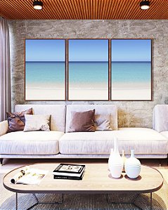 Trio de Quadros Mar Azul Claro Céu Limpo e Areia Branca Canvas Moldura