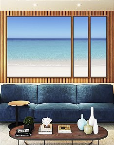 Trio de Quadros Estilizados Mar Azul Claro Céu Limpo e Areia Branca Canvas Moldura