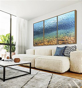 Trio de Quadros Mar Azul Pedras Texturas da Natureza Praia Canvas Moldura