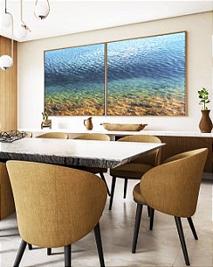 Duo de Quadros Quadrados Mar Azul Pedras Texturas da Natureza Praia Canvas Moldura