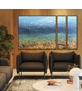 Trio de Quadros Estilizados Mar Azul Pedras Texturas da Natureza Praia Canvas Moldura