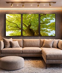 Trio de Quadros Árvores Folhas Verdes Céu Claro Paisagem Natureza Canvas Moldura