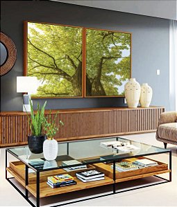 Duo de Quadros Árvores Folhas Verdes Céu Claro Paisagem Natureza Canvas Moldura