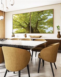 Duo de Quadros Quadrados Árvores Folhas Verdes Céu Claro Paisagem Natureza Canvas Moldura