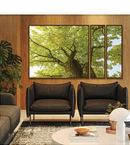 Trio de Quadros Estilizados Árvores Folhas Verdes Céu Claro Paisagem Natureza Canvas Moldura