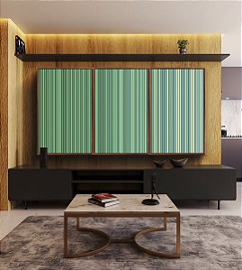 Trio de Quadros Abstrato Degradê Listras Verde Turquesa Canvas Moldura