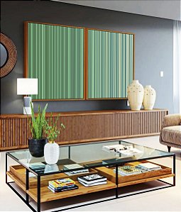 Duo de Quadros Abstrato Degradê Listras Verde Turquesa Canvas Moldura