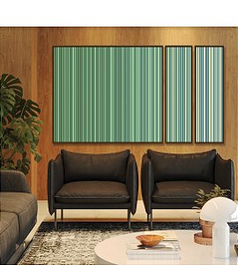 Trio de Quadros Estilizados Abstrato Degradê Listras Verde Turquesa Canvas Moldura