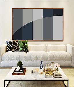 Quadro Horizontal Abstrato Geométrico Listras Círculo Azul Cinza Canvas Moldura