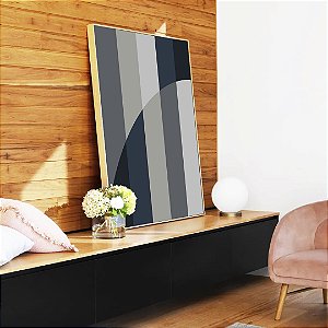 Quadro Vertical Abstrato Geométrico Listras Circulo Azul Cinza Canvas Moldura