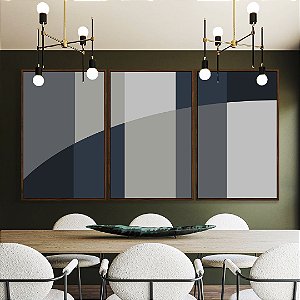 Trio de Quadros Abstrato Geométrico Listras Circulo Azul Cinza Canvas Moldura