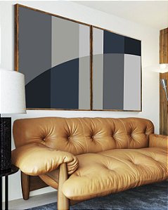 Duo de Quadros Abstrato Geométrico Listras Circulo Azul Cinza Canvas Moldura