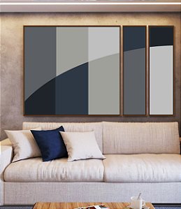 Trio de Quadros Estilizados Abstrato Geométrico Listras Circulo Azul Cinza Canvas Moldura