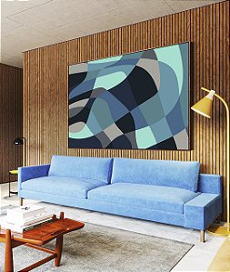 Quadro Horizontal Abstrato Mosaico cores Azul Cinza Canvas Moldura