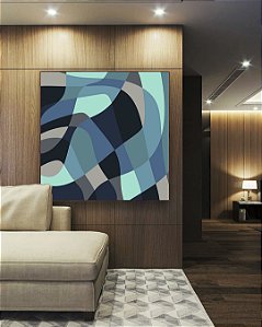 Quadro Quadrado Abstrato Mosaico cores Azul Cinza Canvas Moldura